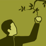 Illustration av miljömålet Giftfri miljö. En person sträcker sig efter ett äpple i ett träd. Illustration av Tobias Flygar.