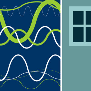 Illustration av miljömålet Säker strålmiljö. Olika typer av radiovågor och strålning studsar mot en husvägg. Illustration av Tobias Flygar.