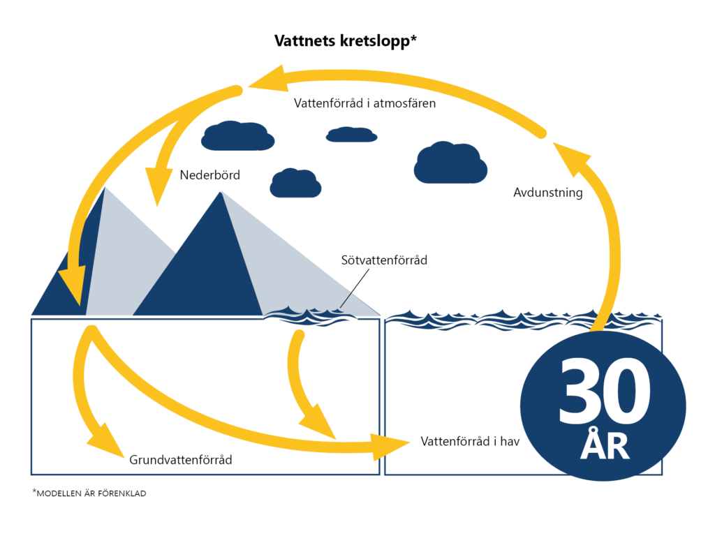 Bilden visar vattnets kretslopp mellan atmosfär, sötvatten, grundvatten och hav. För Östersjön är uppehållstiden 30 år.