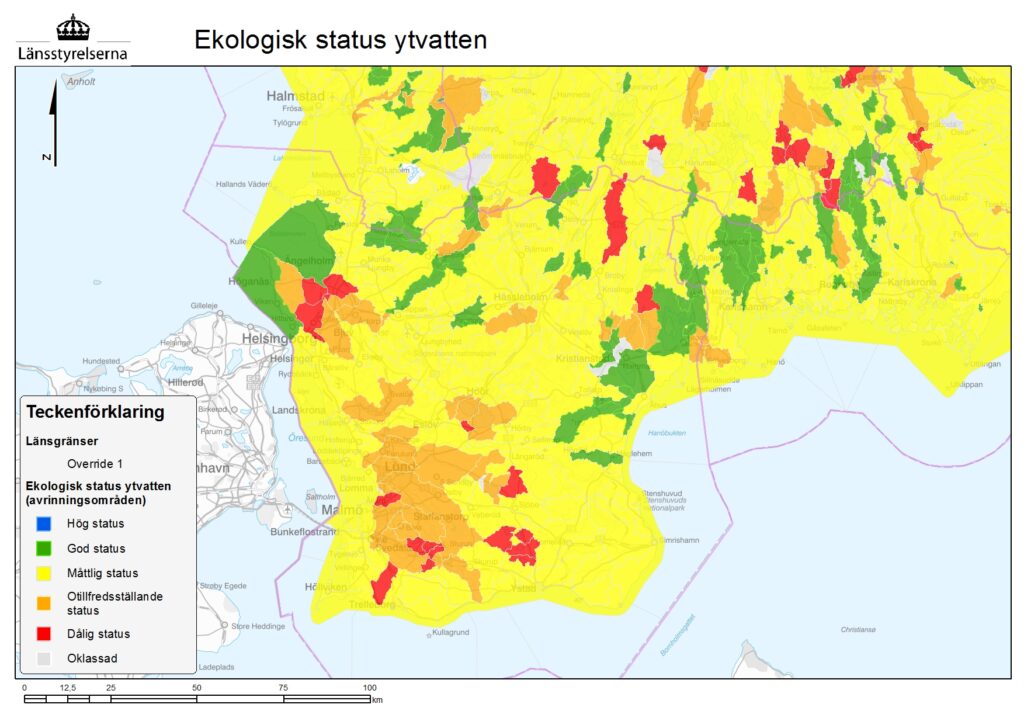 Bilden visar en karta över statusklassningen för ekologisk status i Skånes ytvattenförekomster.
