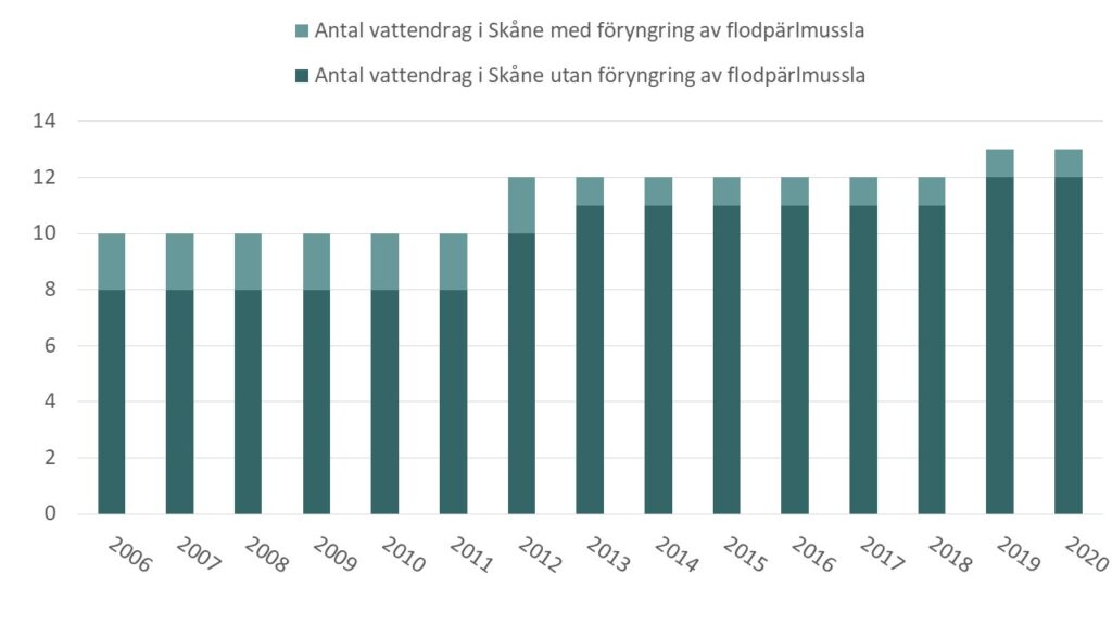 Diagram: Antal vattendrag i Skåne med flodpärlmussla och antal vattendrag i Skåne med föryngring av flodpärlmussla.