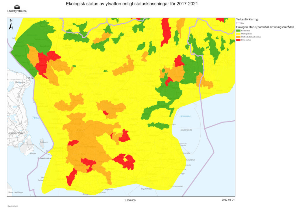 Bilden visar en karta över statusklassningen för ekologisk status i Skånes ytvattenförekomster.