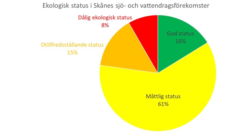 Diagram: Ekologisk status i Skånes sjö-och vattendragsförekomster fördelat i statusklasserna god, måttlig, otillfredsställande och dålig status samt ej klassade. Ingen vattenförekomst hade klassats som hög status.