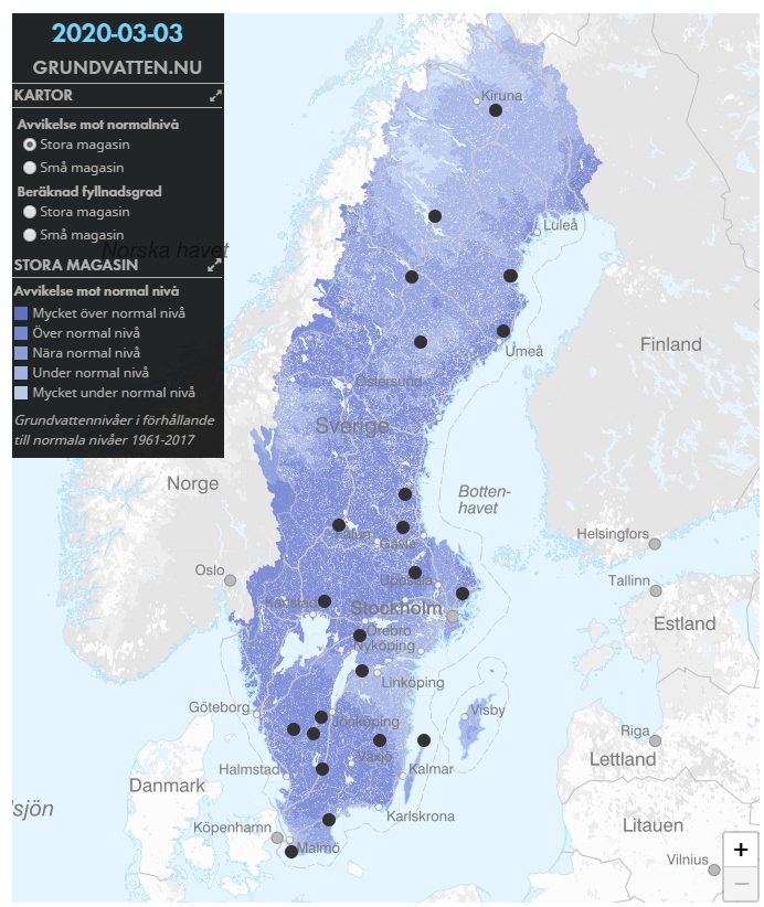 Skärmdump av sajten www.grundvatten.nu som visar aktuell grundvattenstatus. På bilden finns karta över hela Sverige med, med olika områden i olika nyanser av blått.