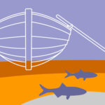 Illustration av miljömålet Hav i balans samt levande kust och skärgård. En eka i vattnet, under ekan simmar några fiskar. Illustration av Tobias Flygar.