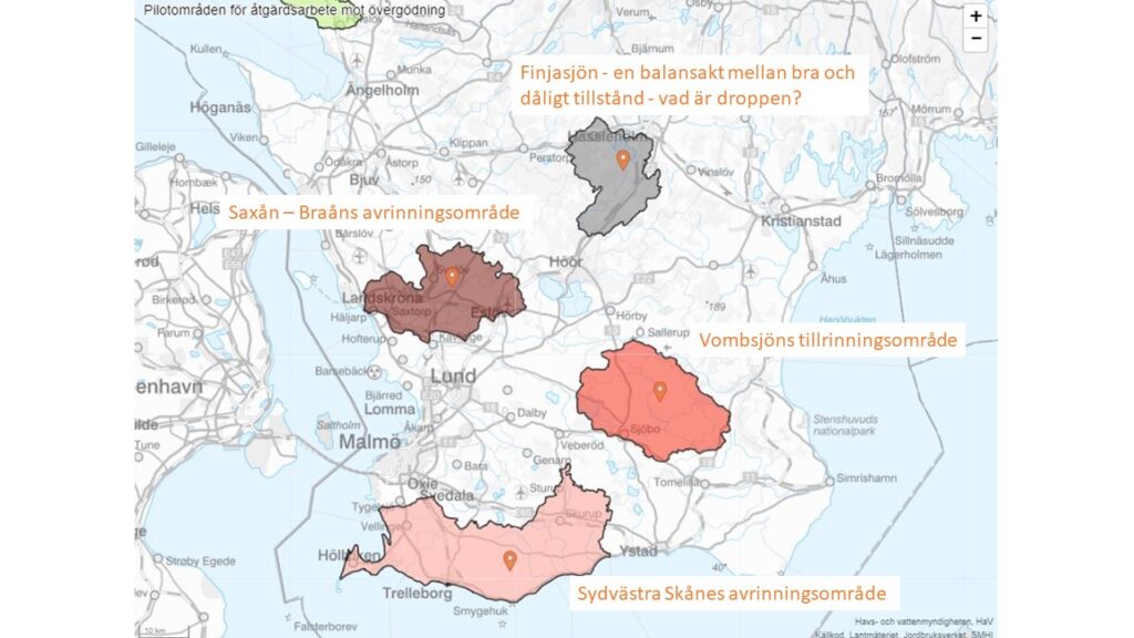 En bild som visar en karta över de 4 pilotområdena i Skåne inom LEVA - Lokalt engagemang för vatten.