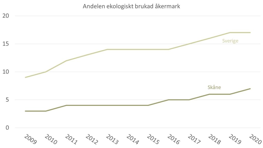 Diagrammet visar andelen ekologiskt odlad åkermark i Skåne hela Sverige under åren 2009-2020.