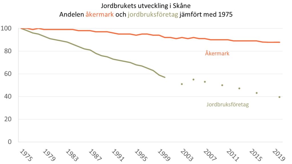 Diagram: Andelen åkermark och jordbruksföretag i Skåne under åren 1975-2020 jämfört med 1975.