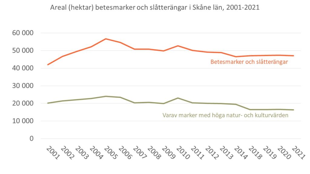 Diagram som visar förändringen av arealen betesmarker och slåtterängar i Skåne under perioden 2001-2021 samt utvecklingen av marker med höga natur- och kulturvärden under samma period.