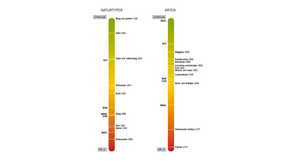 Bilden visar bevarandestatusen för grupper av arter och naturtyper samt regioner enligt Sveriges rapportering av bevarandestatus för arter och naturtyper i EU:s art- och habitatdirektiv för perioden 2013-2018.