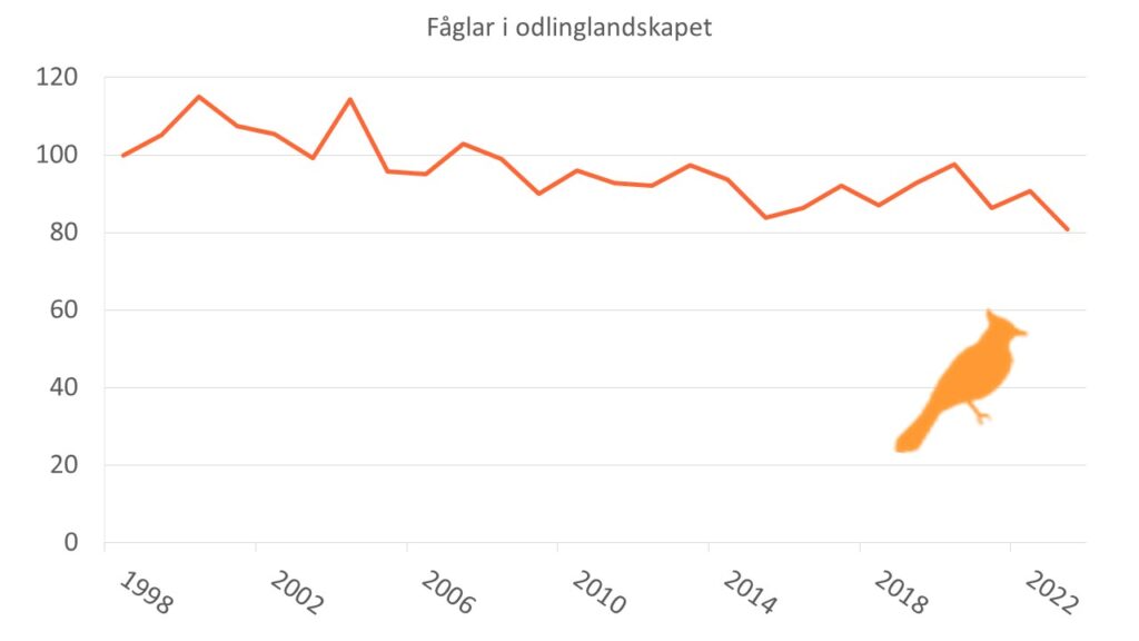 Diagrammet visar populationsutvecklingen för 15 relativt vanligt förekommande arter i jordbrukslandskapet i relation till basåret 1998.