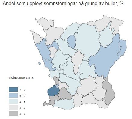 Bilden visar andelen invånare i de skånska kommunerna som upplever sömnstörningar på grund av trafikbuller.