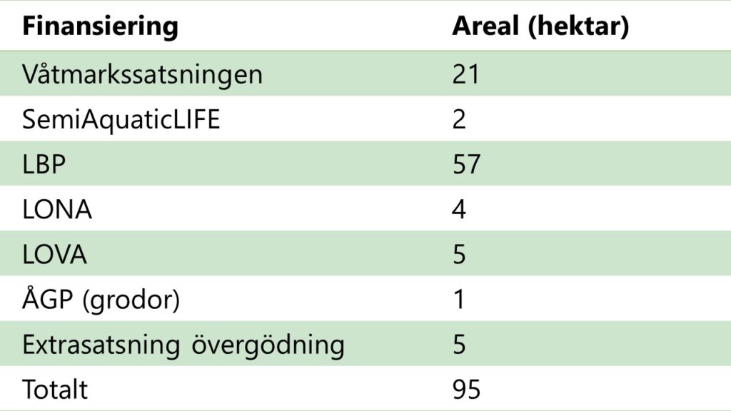 Tabell som visar hur stor areal våtmarker som anlagts i Skåne under 2021 och hur de har finansierats.