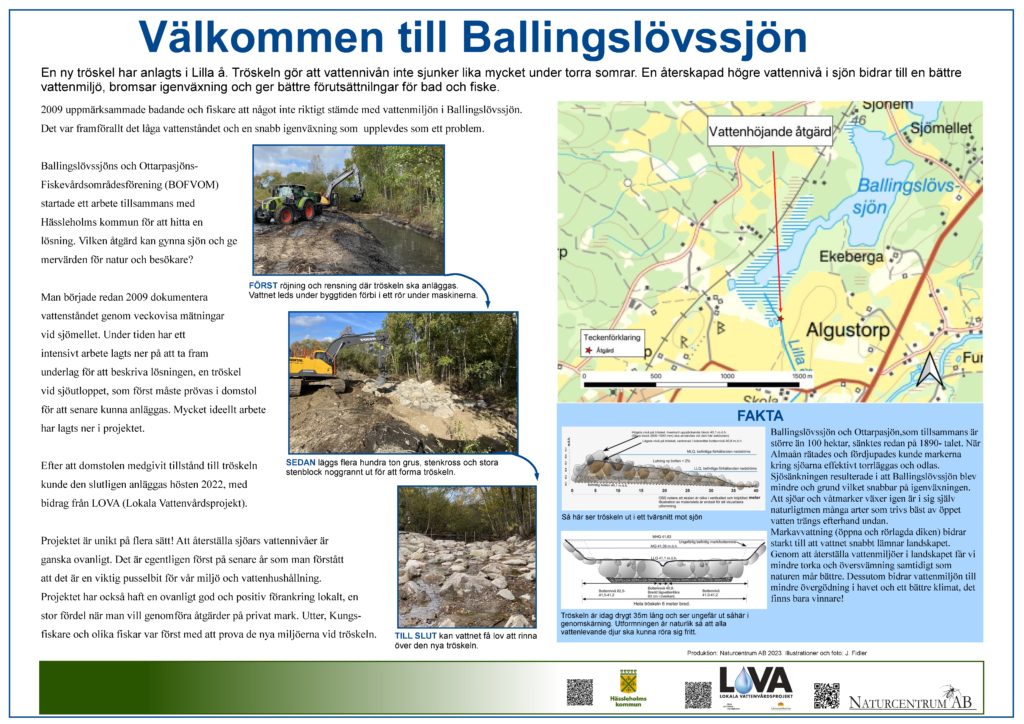 Infoskylt som förklarar den naturlika sjötröskeln vid Lilla Å.