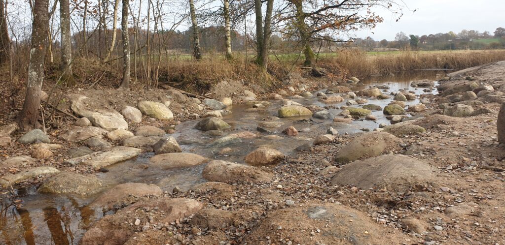 Naturlik sjötröskel: stenar sticker upp ur vattendrag.