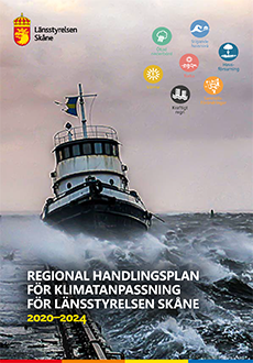 Bilden visar omslaget på Länsstyrelsen Skånes regionala handlingsplan för klimatanpassning 2020-2024.