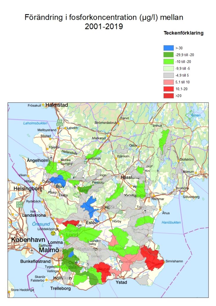 Karta som visar förändringen i totalfosforkoncentrationen (µg/l) mellan 2001 och 2019 i delavrinningsområden i Skåne.