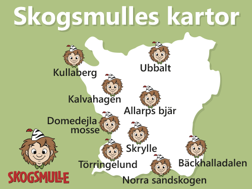 Skånekarta med figuren skogsmulle som markerar vilka områden som har skogsmullekartor.