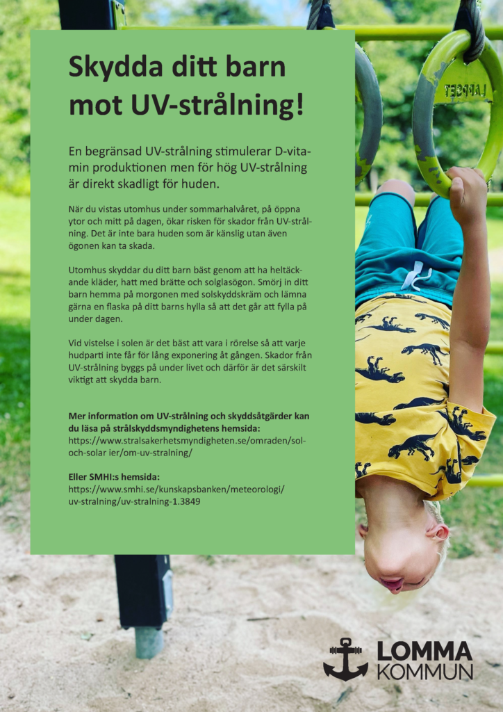 Affisch om att skydda barn från UV-strålning, från Lomma kommun.