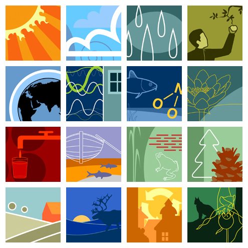 Rutnät med sexton miljömålsillustrationer