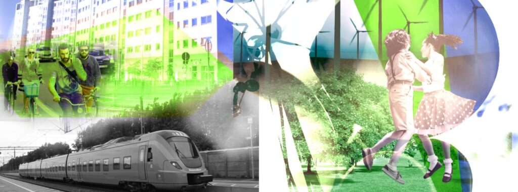 Collage av bilder som använts som banner för Uthålliga kommuner: Höghus, cyklar, vindkraftverk, tåg, barn som dansar. Tonat i grönt och blått. Länk till slutrapport
